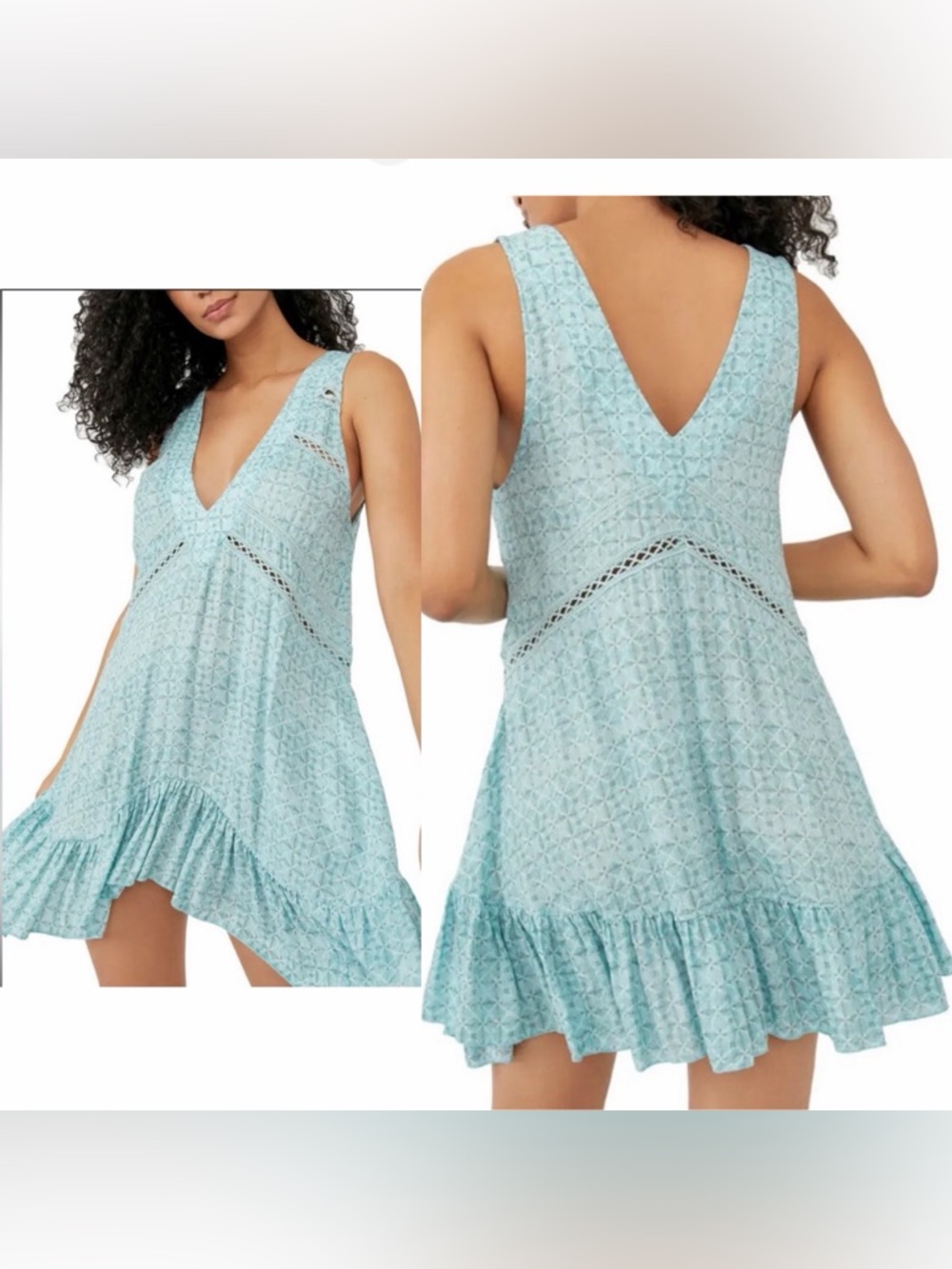 Free People Boho Let It Happen Blue Diamond Print Mini Slip Dress Small